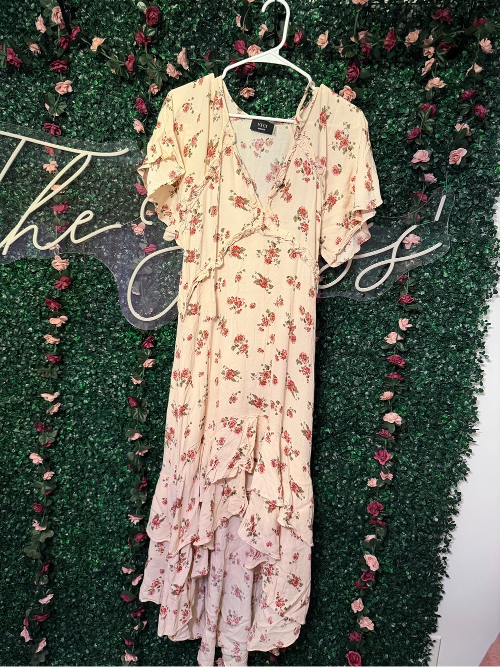VICI Cream Floral High-Low Ruffle Midi Dress